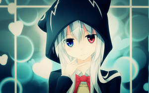 Ταπετσαρία anime κορίτσι με hoodie και κόκκινο & μπλε μάτι — Γλυκιά anime κοπέλα Ταπετσαρία