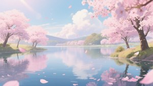 Μια γαλήνια anime λίμνη με άνθη κερασιάς και απαλούς παστέλ τόνους. — Anime τοπίο GIF Ταπετσαρία