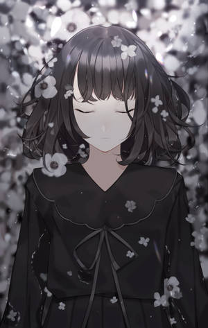 Λυπημένο Anime Κορίτσι Ασπρόμαυρο με Λουλούδια — Honor Pad Ταπετσαρία