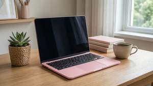 Απαλή αισθητική ταπετσαρία γραφείου με ροζ laptop, παχύφυτο και καφέ. — Απαλό αισθητικό GIF Ταπετσαρία