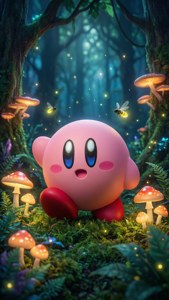 Ο Kirby περιπλανιέται σε ένα μαγικό δάσος με λαμπερά μανιτάρια και πυγολαμπίδες, παραμυθένιο και απαλό. — GIF Kirby Ταπετσαρία