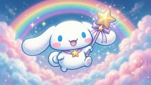 Το Cinnamoroll πετά μέσα από ουράνια τόξα, ένα ονειρικό kawaii ταπετσαρία γεμάτο μαγεία.