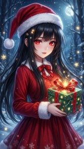 Κορίτσι anime με στολή Άγιου Βασίλη κρατά ένα λαμπερό δώρο σε ένα χιονισμένο δάσος