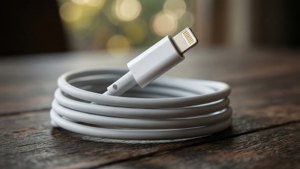 Κοντινό πλάνο καλωδίου φορτιστή iPhone τυλιγμένου σε ξύλο με bokeh