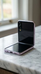 Μινιμαλιστικό Z Flip 5 σε μάρμαρο με απαλό παστέλ φωτισμό