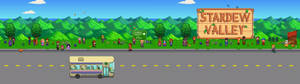 Ταπετσαρία με την πινακίδα του Stardew Valley και ανθρώπους — 3840x1080 Ταπετσαρία