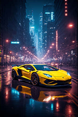 Lamborghini, νέον κίτρινο, φώτα πόλης, νύχτα, φουτουριστικό, αστικό, βρεγμένοι δρόμοι, αντανακλάσεις, λαμπερό, 4K, ταπετσαρία πορτρέτο