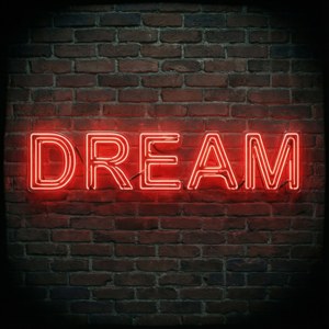 Εμπνευσμένη νέον κόκκινη επιγραφή DREAM σε τοίχο από τούβλα. — Νέον κόκκινο Ταπετσαρία