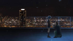 Νυχτερινή Σκηνή Σχολείου Anime με Yuki Nagato και Kyon στην Ταράτσα