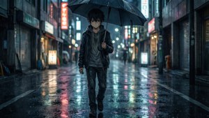 Ένας λυπημένος anime αγόρι περπατά μόνος του σε έναν βροχερό δρόμο της πόλης τη νύχτα, βρεγμένος ως το κόκκαλο.