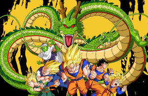 Dragon Ball Z San Goku και άλλοι χαρακτήρες σε λειτουργία super saiyan με τον Shenron τον πράσινο δράκο.