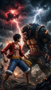 Ο Λούφι σε Gear Fourth μάχεται με τον Κάιντο κάτω από έναν καταιγιδώδη ουρανό. — iPhone 7 Ταπετσαρία
