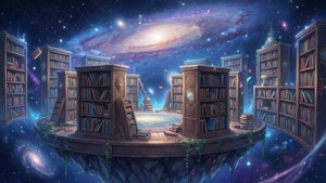 Μια ιδιότροπη anime σκηνή μιας αιωρούμενης βιβλιοθήκης στο διάστημα — Anime τοπίο GIF Ταπετσαρία