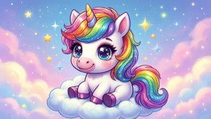 Μαγικός kawaii μονόκερος που κάθεται σε ένα αφράτο σύννεφο. — Kawaii Ταπετσαρία