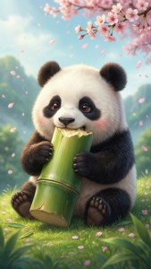 Αξιολάτρευτο kawaii πάντα που απολαμβάνει μπαμπού την άνοιξη. — Kawaii Ταπετσαρία