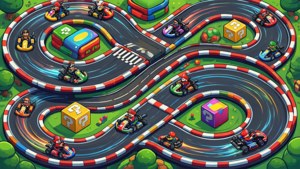 Ισομετρική άποψη μιας πίστας Mario Kart με καρτς να τρέχουν. — Nintendo Ταπετσαρία
