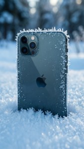 iPhone 11 Pro Max θαμμένο στο χιόνι με λεπτομέρειες πάγου και χειμωνιάτικο φόντο.