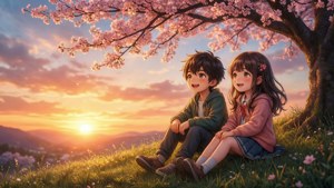 Δύο παιδιά anime απολαμβάνουν ένα ήρεμο ηλιοβασίλεμα κάτω από δέντρα με άνθη κερασιάς. — Ανιμέ παιδιά Ταπετσαρία