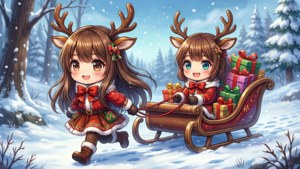 Chibi anime κορίτσια ως τάρανδοι που τραβούν έλκηθρο με δώρα