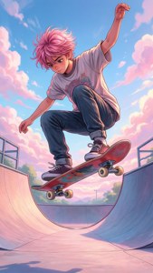 Ένα πολύχρωμο anime αγόρι με σκέιτμπορντ να εκτελεί κόλπο σε ένα ονειρικό ουρανό.