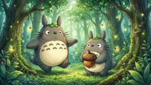 Αξιολάτρευτα πνεύματα του δάσους από το Totoro, μια νοσταλγική kawaii ταπετσαρία.