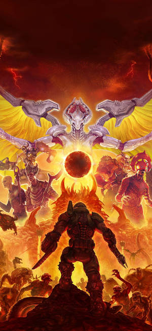 Ταπετσαρία μιας τέχνης Doom Eternal με έναν Doom Slayer να αντιμετωπίζει τον Khan Maykr και τους υποτακτικούς του. — iPhone Xs Max Ταπετσαρία