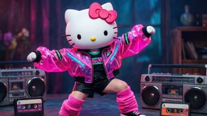 Η Hello Kitty χορεύει με ένα νέον ντύσιμο εμπνευσμένο από τα 80s. — Hello kitty GIF Ταπετσαρία