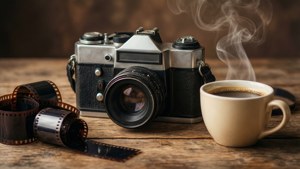 Μια αισθητική ταπετσαρία τέχνης με μια ρετρό φωτογραφική μηχανή και καφέ. — Αισθητική τέχνη GIF Ταπετσαρία