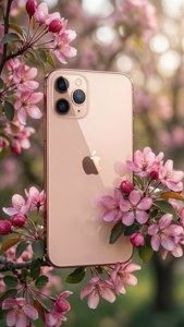Ροζ χρυσό iPhone 11 Pro Max ανάμεσα σε ροζ λουλούδια στο φως της άνοιξης.