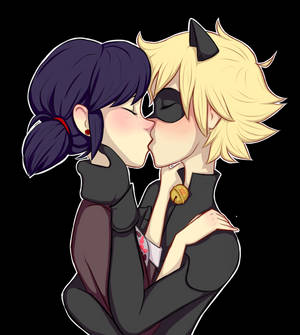 Ladybug και Cat Noir φιλί χρωματιστά μαλλιά ταπετσαρία — Πασχαλίτσα και μαύρο γάτο φιλί Ταπετσαρία