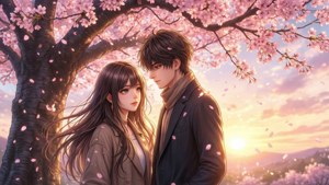 Ζευγάρι anime κάτω από δέντρο κερασιάς στο ηλιοβασίλεμα — Ανιμέ ζευγάρι GIF Ταπετσαρία