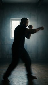 Ο Travis Fulton κάνει σκιαμαχία ως σιλουέτα στο αμυδρό φως.
