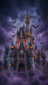 Το κάστρο της Σταχτοπούτας της Disney ανασχεδιασμένο ως στοιχειωμένο κάστρο του Χάλοουιν.