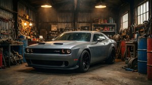 Γκρι Dodge Challenger Demon σε vintage γκαράζ ταπετσαρία 4K