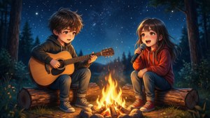 Παιδιά anime να τραγουδούν και να παίζουν κιθάρα γύρω από μια φωτιά κάτω από τα αστέρια. — Ανιμέ παιδιά Ταπετσαρία
