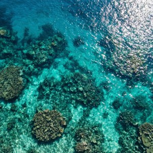 Αεροφωτογραφία τιρκουάζ ωκεανού με κοραλλιογενείς υφάλους.