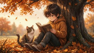 Παιδί anime να διαβάζει βιβλίο με μια γάτα κάτω από δέντρο το φθινόπωρο. — Ανιμέ παιδιά Ταπετσαρία
