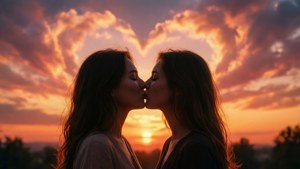 Ρομαντικό φιλί ζευγαριού LGBTQ+ σε σιλουέτα στο ηλιοβασίλεμα με σύννεφα σε σχήμα καρδιάς.