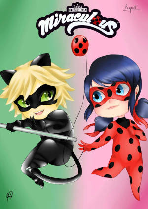 Ταπετσαρία με φιλί Ladybug και Cat Noir σε στιλ chibi — Πασχαλίτσα και μαύρο γάτο φιλί Ταπετσαρία