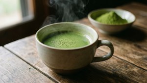 Φλιτζάνι πράσινου τσαγιού matcha σε ξύλινο τραπέζι.