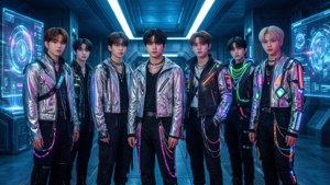 Ένα cyberpunk εμπνευσμένο αγορίστικο γκρουπ Kpop σε φουτουριστικό σκηνικό. — Kpop GIF Ταπετσαρία