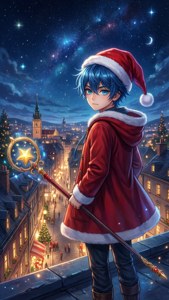 Αγόρι anime με σκούφο Άγιου Βασίλη σε ταράτσα με ραβδί αστεριού