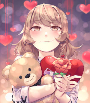 Ταπετσαρία Cute Anime Girl Holding Hear And Bear — Galaxy Z Fold Ταπετσαρία