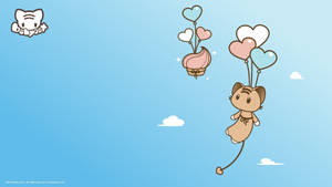 Χαριτωμένη kawaii γάτα να πετάει με μπαλόνια ταπετσαρία.