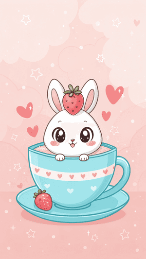 ΧαριτωμένοΚουνελάκι,Φλιτζάνι,Φράουλα,Kawaii,Αξιολάτρευτο,Ροζ,Καρτούν,Καρδιές,Γλυκό,Παραμυθένιο