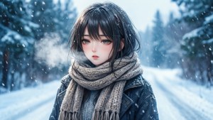 Κορίτσι anime απολαμβάνει ένα χιονισμένο χειμωνιάτικο τοπίο.