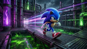 Ο Sonic διασχίζει με ταχύτητα τη φωτισμένη με νέον Ζώνη Χημικού Εργοστασίου, με τα τοξικά νερά από κάτω. — Sonic Ταπετσαρία