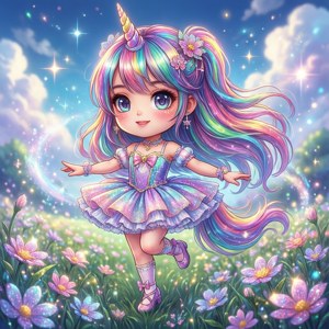 Chibi anime κορίτσι μονόκερος να χορεύει σε ένα λαμπερό λιβάδι. — Άνοιξη Ταπετσαρία
