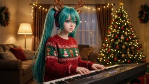 Η Hatsune Miku παίζει πληκτρολόγιο φορώντας χριστουγεννιάτικο πουλόβερ
