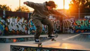 Σκέιτερ εκτελεί kickflip στο ζεστό φως του ηλιοβασιλέματος με φόντο γκράφιτι.